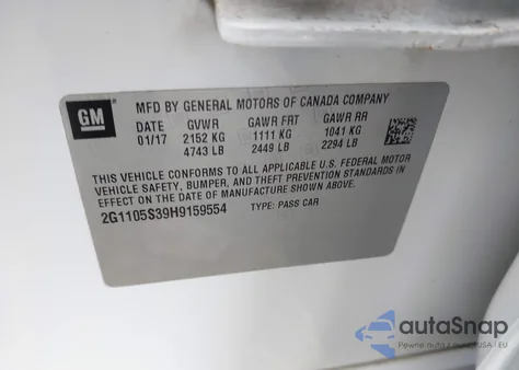 2017 Chevrolet Impala 1Lt z USA, uszkodzony, nr VIN 2G1105S39H9159554